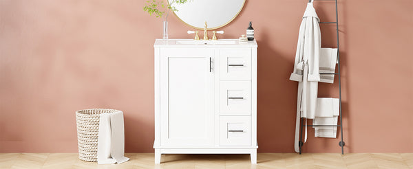 English Elm 30-inch Modern Bathroom Vanity with Ceramic Basin, Rubberwood Frame, Soft-Close Drawers & Organized Storage White N729P290689K