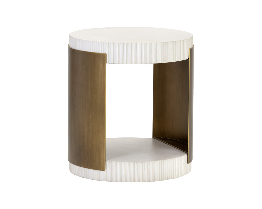 Sunpan Cavette End Table - Elegant White Concrete & Antique Brass Frame, Perfect for Chic Indoor Spaces