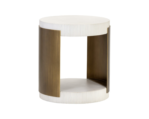 Sunpan Cavette End Table - Elegant White Concrete & Antique Brass Frame, Perfect for Chic Indoor Spaces