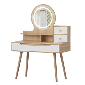 English Elm Makeup Vanity Desk with LED 3-Mode Lighted Mirror, Solid Wood Feet, 4 Drawers & Shelves, Oak Finish W509P238991