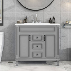 English Elm 36'' Modern Bathroom Vanity With Black Ceramic Top, Soft-Close Doors & Drawers For Stylish Storage N710P230231E