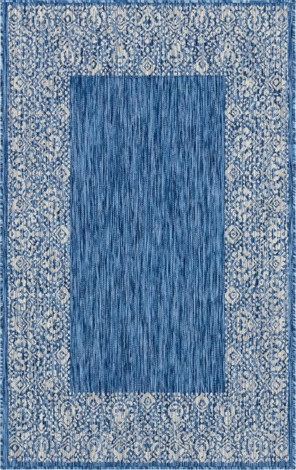 Unique Loom Outdoor Border Floral Border Machine Made Floral Rug Blue, Ivory 5' 1" x 8' 0"