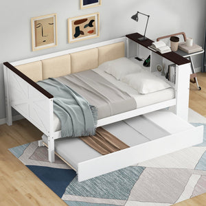English Elm Twin Pine Wood Daybed with Trundle Upholstered Backrest Storage Shelf and Usb Port N7090002232K