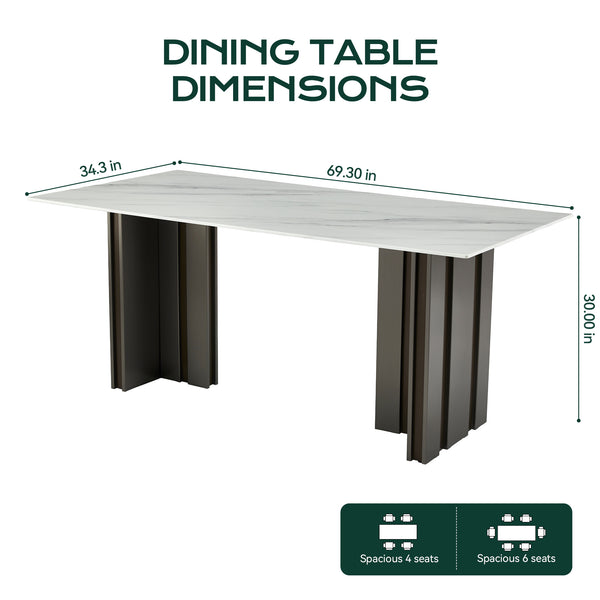 English Elm 69.30 Inch Rectangular Dining Table Marble Pattern Top with Polished Steel Legs Seats Six W3357S00002