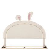 English Elm Full Size Upholstered Rabbit-Shape Bed With 2 Storage Stools, Velvet Platform Bed With Cartoon Ears Shaped Headboard, White