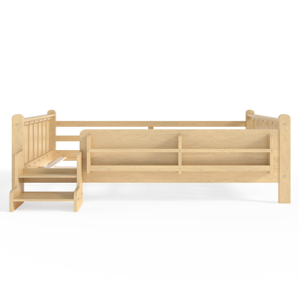 English Elm Twin Pine Floor Bed with Guardrails Built-in Bookcases and Stair Steps for Kids W1580P430186
