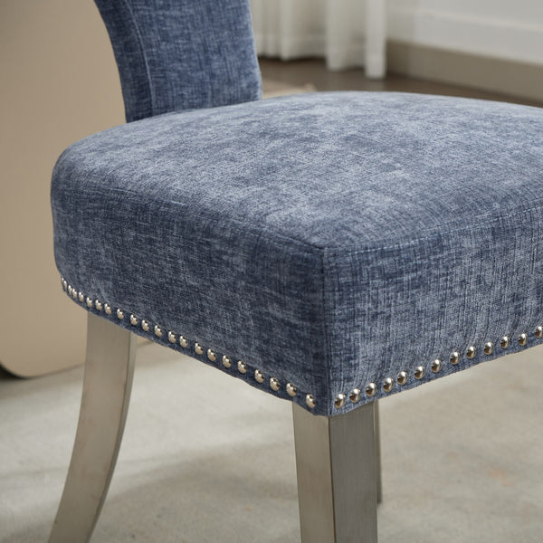 English Elm Mid Mid Century Modern Dining Chair Set with Curved Copper-Nail Backrest, High-Density Foam Seat, Brushed Stainless Legs Blue W1143P314901