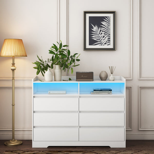English Elm 6 Drawer Dresser with RGB LED Backlight, White Modern 6-Drawer Chest with Anti-Tip Kit for Bedroom W132166406