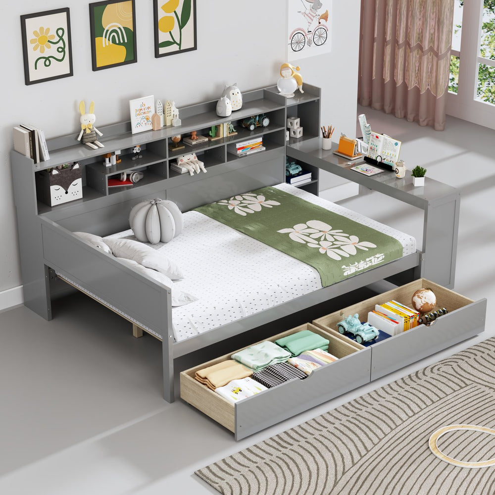 English Elm Wooden Twin Daybed with Trundle Built-in Desk and Open Shelves for Kids Rooms Gray N733S373385E