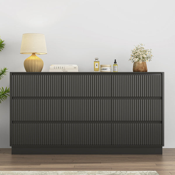 English Elm 9 Drawer Mid Century Wood Dresser Low Profile Matte Finish Bedroom Storage Cabinet Black W409S00011