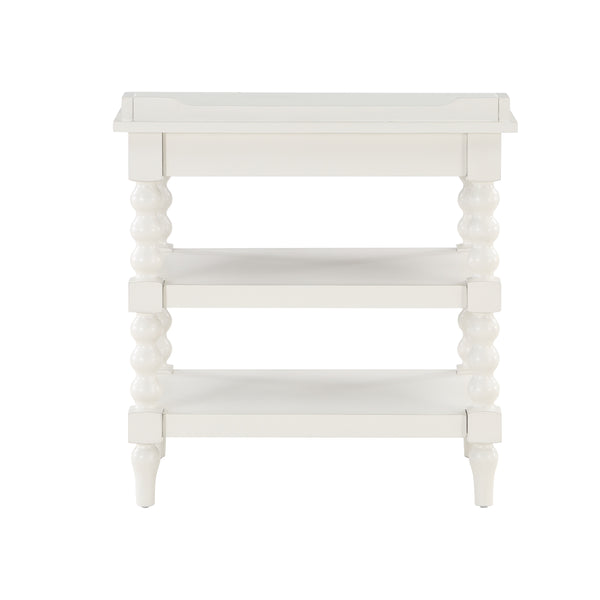 English Elm Aria Antique White Nightstand with Pull-Out Tray, Two Shelves & Spool Turned Legs — Vintage Chic B050P376971