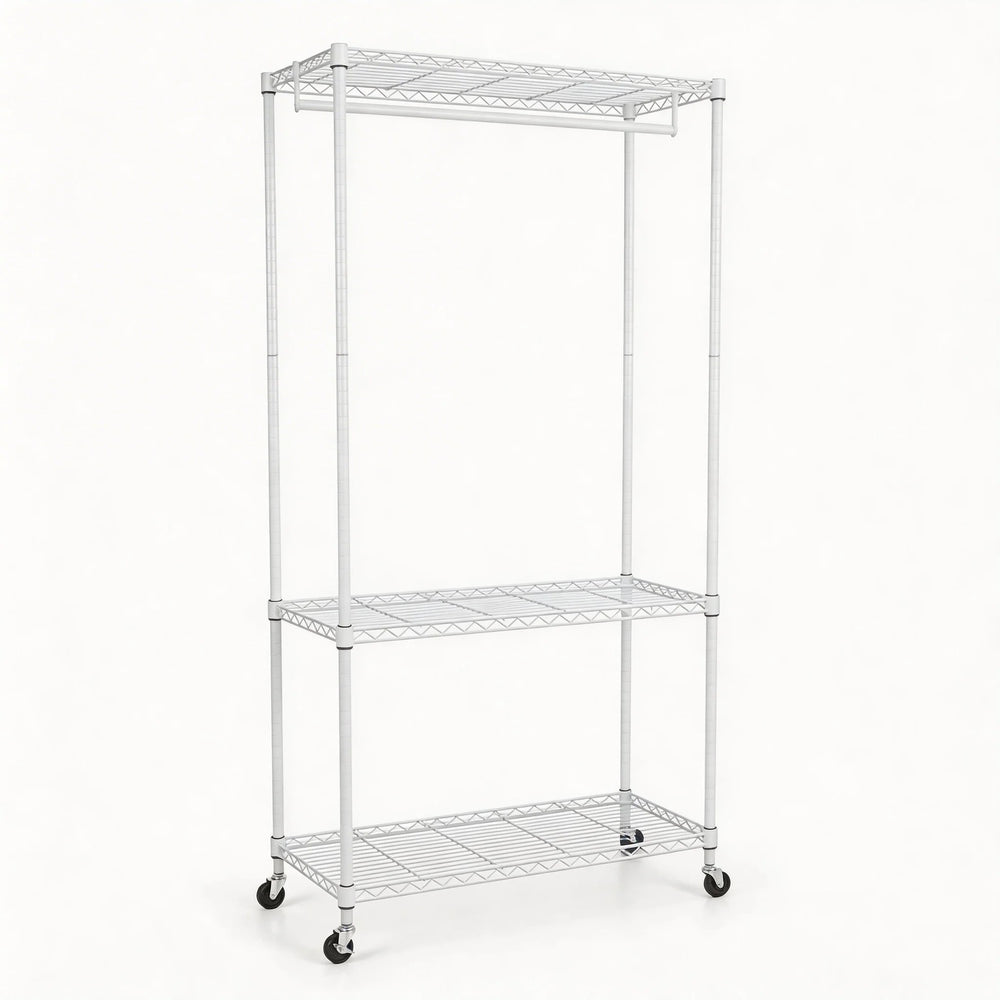 English Elm Rolling Garment Rack Heavy Duty Iron Frame Freestanding Closet Organizer with Shelves White W3895P460465