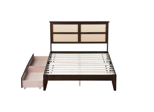 English Elm Full Full Size Bed with Rattan Headboard and Two Underbed Storage Drawers, Rubberwood Slat Support Espresso W504P269605