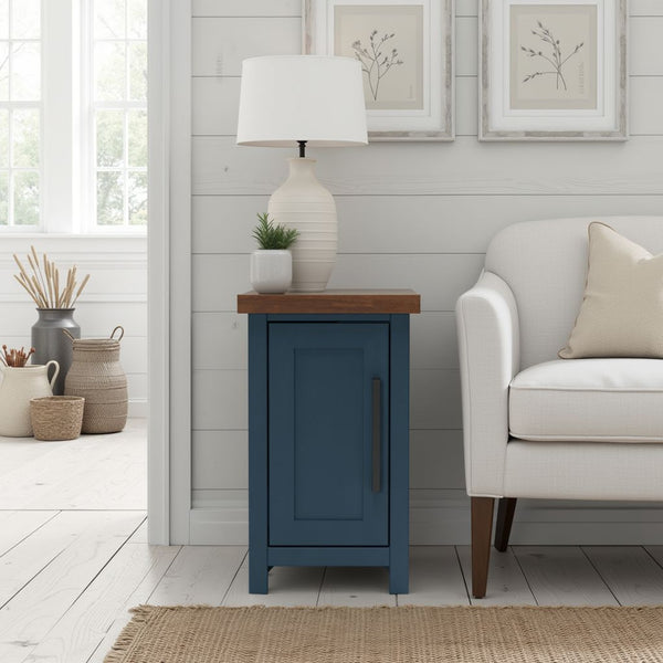English Elm 14 inch Chairside Table with Two-Tone Farmhouse Charm, Fully Assembled, Bronze Hardware Ready Blue B108131556