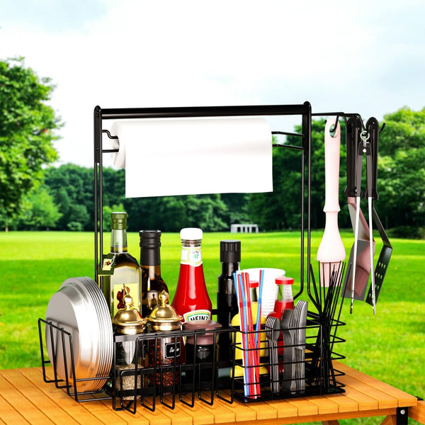English Elm Outdoor Grill Station Caddy with Hooks Towel Holder Plate Storage for Cookouts W2181P481264