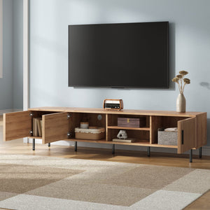 English Elm 78 Inch Low Profile Media Console with Pine Legs Soft Close Doors for Living Room N710P429513P