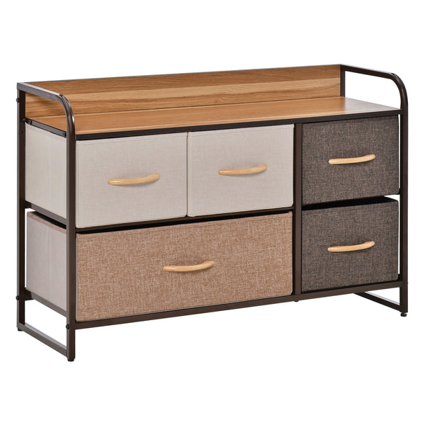 English Elm HOMCOM 5-Drawer Fabric Dresser with Wood Top — Slim Tower Organizer, Foldable Drawers, Steel Frame W2225P249993