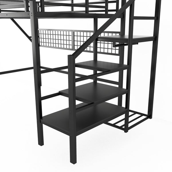English Elm Queen Metal Loft Bed with Stair Storage Wardrobe Rgb Lighting for Teens Adults W2580S00052