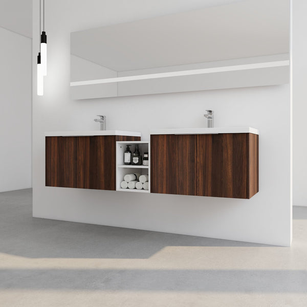 English Elm 72 Inch Wall Mounted Vanity with Resin Sink, Soft-Close Doors, Ample Storage Shelves, Durable Eco Plywood Finish California Walnut W999S00189