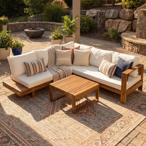 English Elm Outdoor Solid Acacia Wood 4 Piece Modular Sectional Set with Cushions Patio N757S454841B