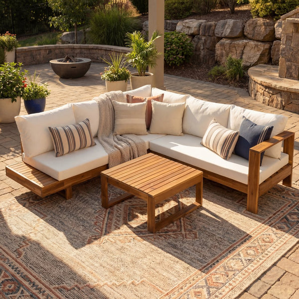 English Elm Outdoor Solid Acacia Wood 4 Piece Modular Sectional Set with Cushions Patio N757S454841B