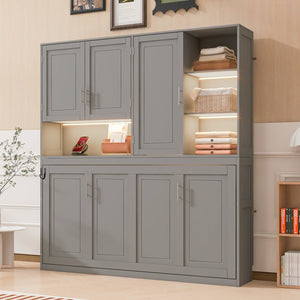 English Elm Twin Murphy Bed with Cabinet Shelves Built in Lighting Usb Ports Space Saving Wall Unit Gray LP000389AAE-1
