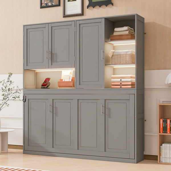 English Elm Twin Murphy Bed with Cabinet Shelves Built in Lighting Usb Ports Space Saving Wall Unit Gray LP000389AAE-1