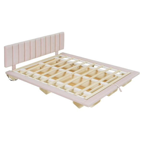 English Elm Queen Upholstered Floating Bed with LED Lighting, Hydraulic Lift, 4 Storage Drawers, Velvet Luxury Pink SF000132AAH