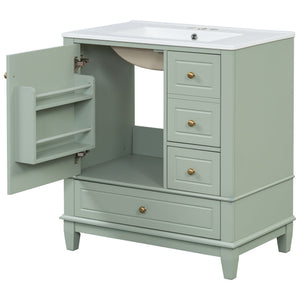 English Elm Christopher Knight Home® - 30" Freestanding Bathroom Vanity with Ceramic Sink, Soft-Close Door, Gold Knobs & 3 Drawers, Durable Painted Finish Light Green N759P225994G