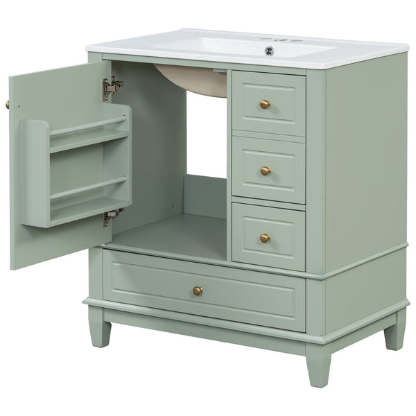 English Elm Christopher Knight Home® - 30" Freestanding Bathroom Vanity with Ceramic Sink, Soft-Close Door, Gold Knobs & 3 Drawers, Durable Painted Finish Light Green N759P225994G