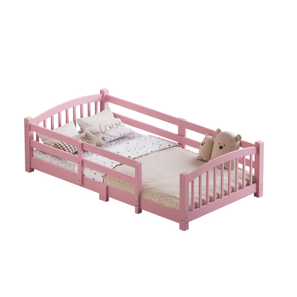 English Elm Twin Montessori Floor Bed Solid Pine Frame with Safety Guardrails for Kids Bedroom Pink N733P400298H