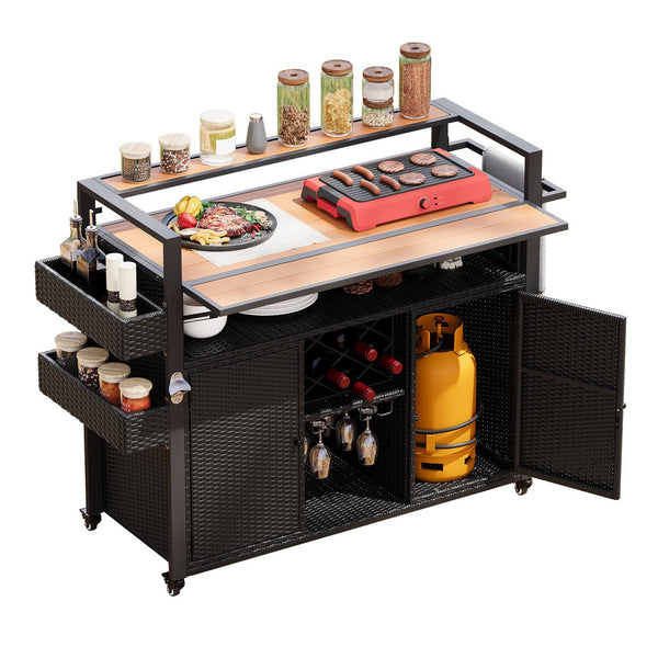 English Elm K&K Wicker Outdoor Grill Cart with Foldable Drop Leaf, Locking Wheels, Wine Rack & Ample Storage Black Brown N707P233747B