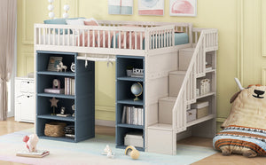 English Elm Full Size Loft Bed With Stylish Storage Cabinets, Privacy Curtain & Multi-Functional Design - White/Blue GX003006AAK