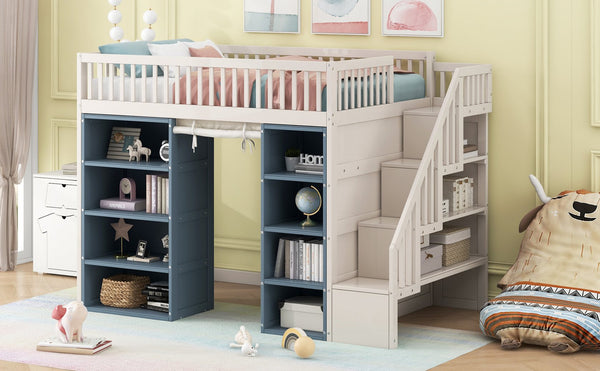 English Elm Full Size Loft Bed With Stylish Storage Cabinets, Privacy Curtain & Multi-Functional Design - White/Blue GX003006AAK