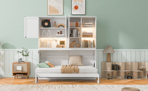 English Elm Twin Murphy Bed with Cabinet Shelves Built in Lighting Usb Ports Space Saving Wall Unit White LP000389AAK-1