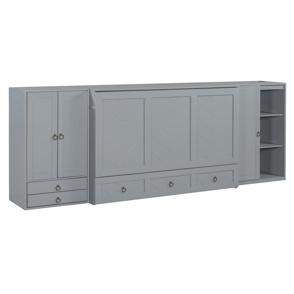 English Elm Queen Murphy Bed with Wardrobe Cabinets Built-in Usb Charging and Concealed Drawers Gray LP000590AAE