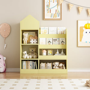 English Elm Yellow Kids Wooden Bookshelf Organizer with 6 Compartments, 2 Removable Bins, Sturdy MDF, Playroom Storage W2876P233555