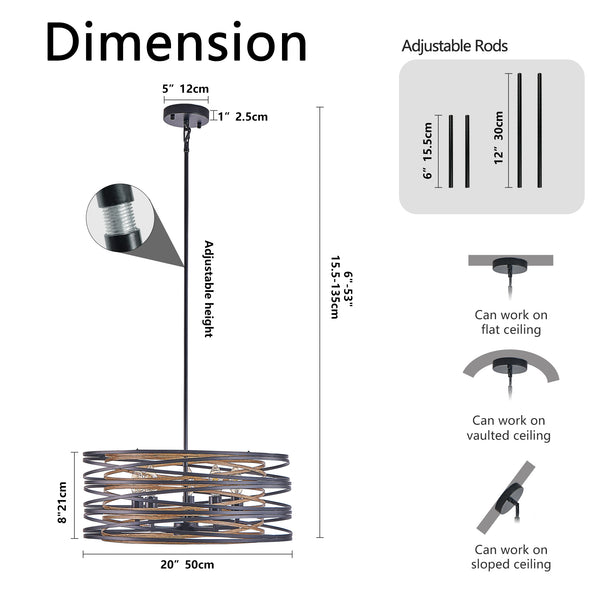 English Elm 20" Rustic Industrial Pendant Light—5-Light Black & Walnut Metal Cage Chandelier with Wood Accents for Kitchen Island and Dining Room W2312P368684