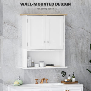 English Elm HOMCOM Modern Wall Bathroom Cabinet with 2 Doors, Adjustable Shelves, Oak Top & Open Shelf, White W2225P250003
