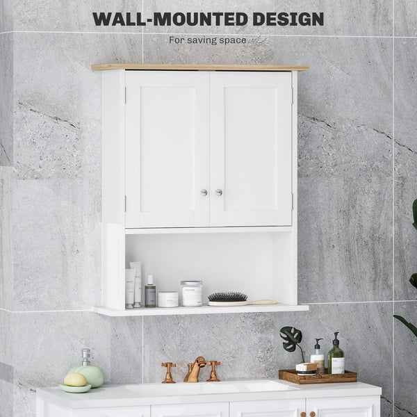 English Elm HOMCOM Modern Wall Bathroom Cabinet with 2 Doors, Adjustable Shelves, Oak Top & Open Shelf, White W2225P250003