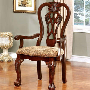 English Elm Formal Classic Set of 2 Arm Chairs Cherry Brown Solid Wood Damask Fabric Padded Seats, Intricate Carved Backs, Ball & Claw Feet B011P248054