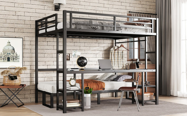 English Elm Queen Metal Bunk Bed With Desk & Usb, Versatile Loft Design Folds To Sofa, Led Lighting, Black W1580S00086-GIGA