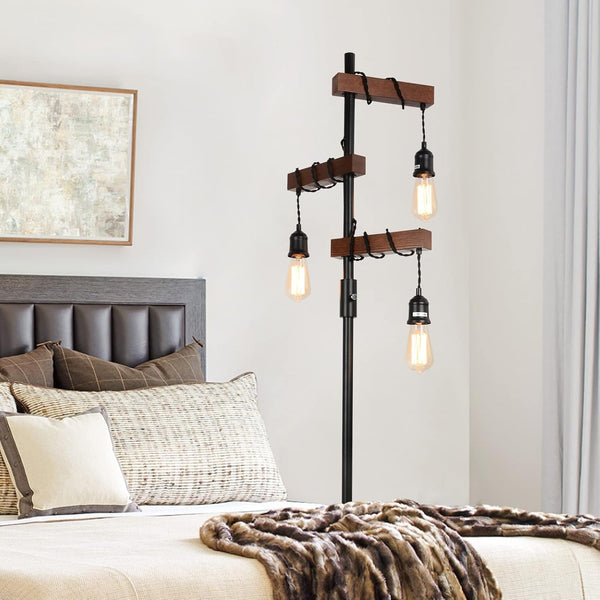 English Elm Dimmable Industrial Floor Lamp 68" 3-Head Wood & Metal Tree Lamp with Rotary Dimmer, Rustic Vintage Accent W2738P227440
