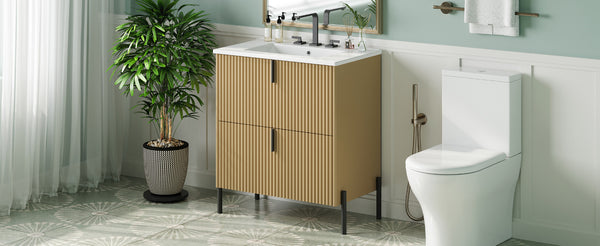 English Elm Christopher Knight Home® - 30" Bathroom Vanity With Elegant Ceramic Sink, Soft-Close Drawers & Fluted Design For Modern Spaces N817P288931N
