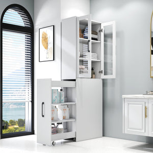 English Elm 70.87" Modern Display Storage Cabinet with 4-Tier Pull-Out Shelves, Dual Glass Doors for Home White W331P295245