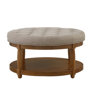 English Elm Large Round Tufted Ottoman Coffee Table with Wood Shelf for Living Room Lounge Linen W2186P212194