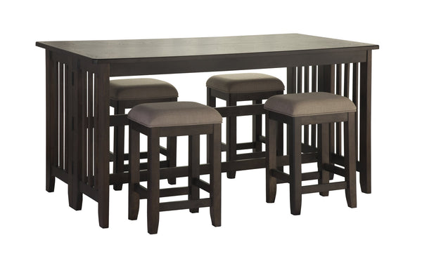 English Elm Dark Solid Wood Drop Leaf Table with 4 Stools — Space-Saving Expandable Dining Set, Durable Finish Dark Brown 75.5 L x 21.5 W x 17.25 H B2699P206768