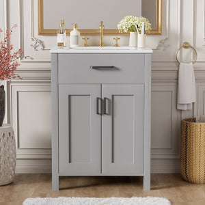 English Elm 24"Bathroom Luxurious Space-Saving Vanity with Ceramic Sink, Solid Wood Frame, Soft-Close Doors and Storage Grey N729P183716E