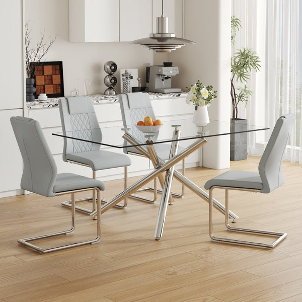 English Elm Table Set - Modern Luxurious Transparent Glass Dining Table With 4 Light Gray Pu Chairs & Metal Legs W1151S04131-GIGA