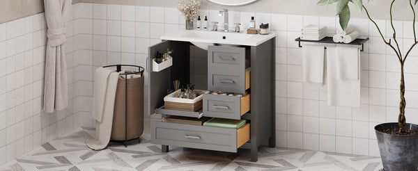 English Elm 30" Gray Bathroom Vanity with Ceramic Sink, Solid Wood Frame, Soft-Close Door & 3 Drawers for Organized Style N729P177787E